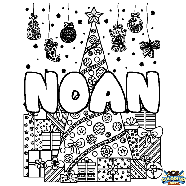 Coloring page first name NOAN - Christmas tree and presents background