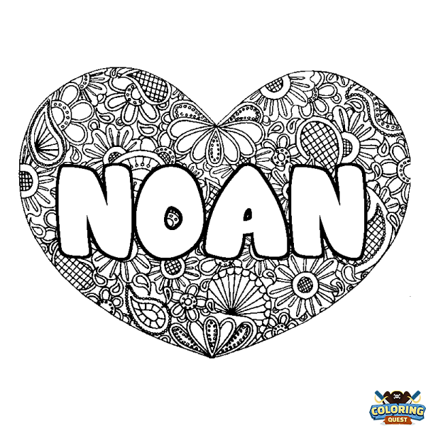 Coloring page first name NOAN - Heart mandala background