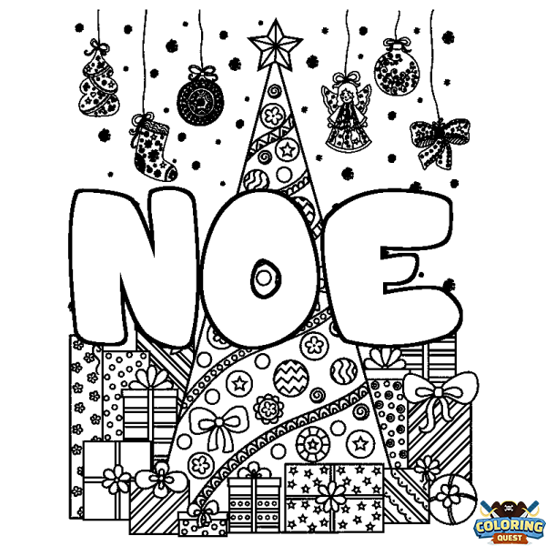 Coloring page first name NOE - Christmas tree and presents background