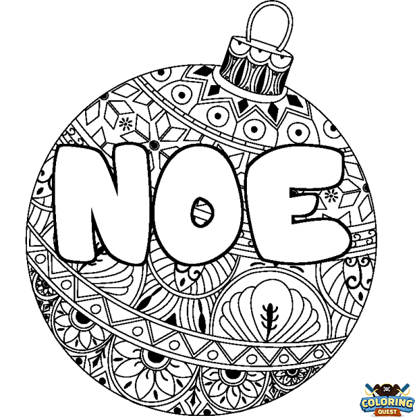 Coloring page first name NOE - Christmas tree bulb background