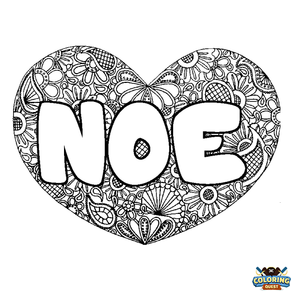 Coloring page first name NOE - Heart mandala background