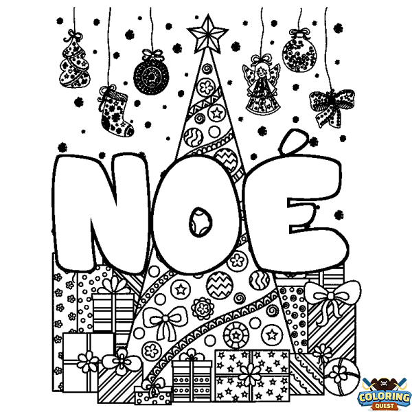 Coloring page first name NO&Eacute; - Christmas tree and presents background