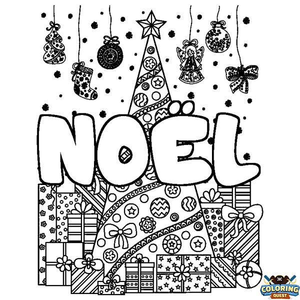 Coloring page first name NO&Euml;L - Christmas tree and presents background