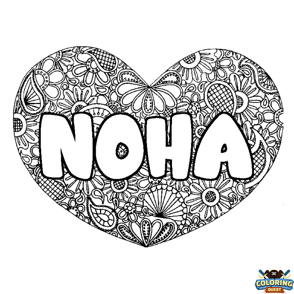 Coloring page first name NOHA - Heart mandala background