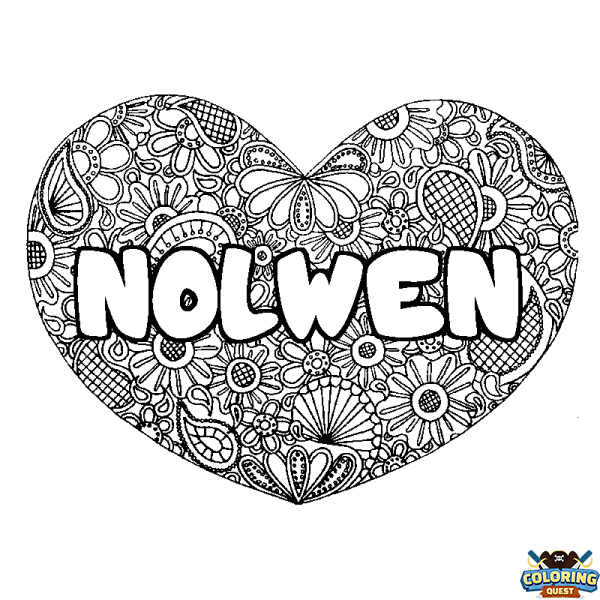 Coloring page first name NOLWEN - Heart mandala background