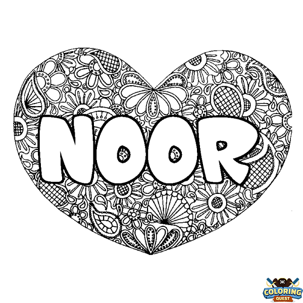 Coloring page first name NOOR - Heart mandala background