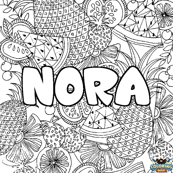 Coloring page first name NORA - Fruits mandala background