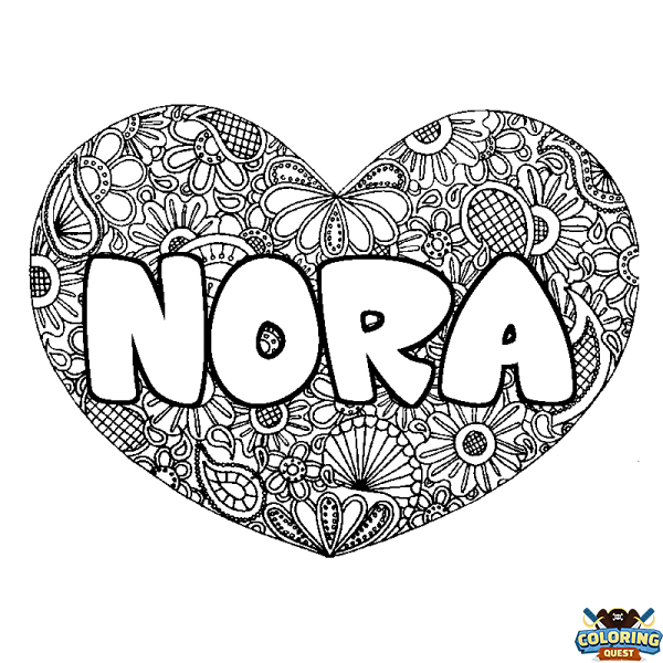 Coloring page first name NORA - Heart mandala background