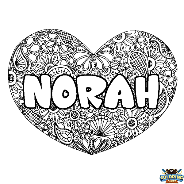 Coloring page first name NORAH - Heart mandala background