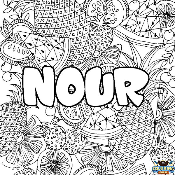 Coloring page first name NOUR - Fruits mandala background