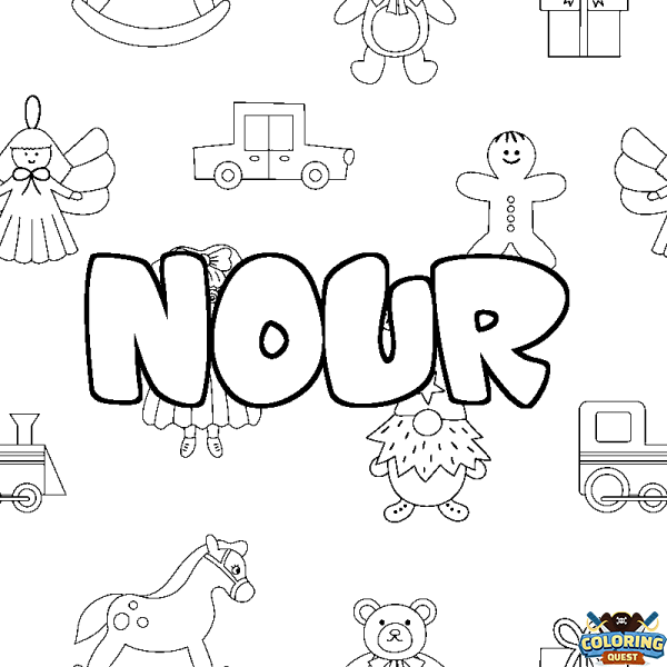 Coloring page first name NOUR - Toys background