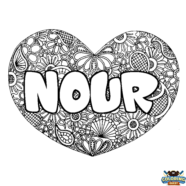 Coloring page first name NOUR - Heart mandala background