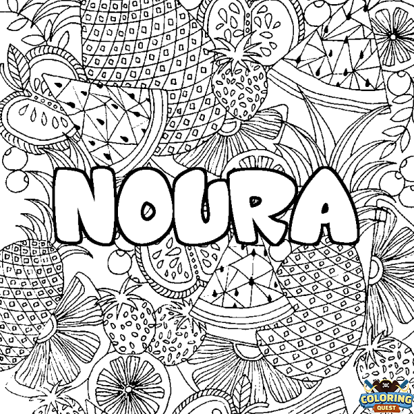 Coloring page first name NOURA - Fruits mandala background