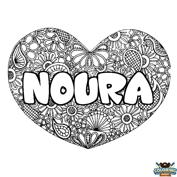 Coloring page first name NOURA - Heart mandala background