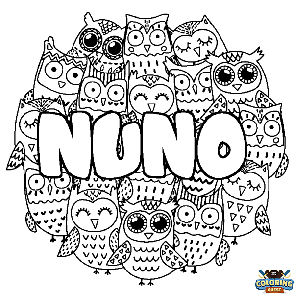 Coloring page first name NUNO - Owls background