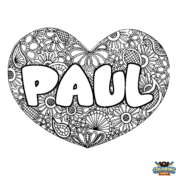 Coloring page first name PAUL - Heart mandala background