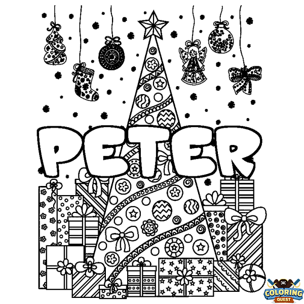 Coloring page first name PETER - Christmas tree and presents background