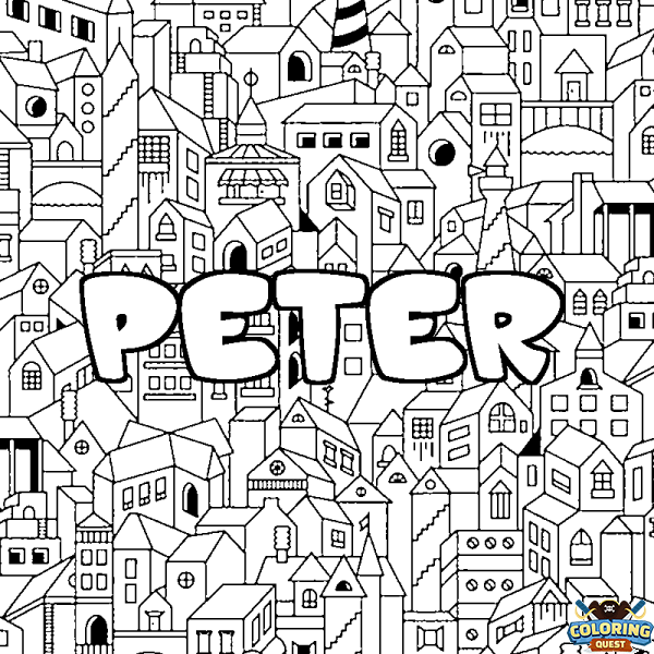 Coloring page first name PETER - City background