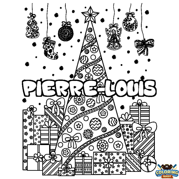 Coloring page first name PIERRE-LOUIS - Christmas tree and presents background