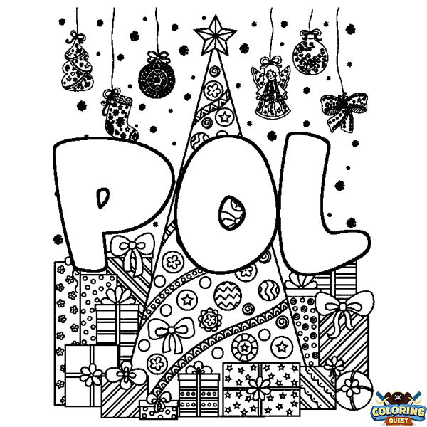 Coloring page first name POL - Christmas tree and presents background