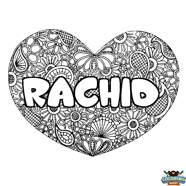 Coloring page first name RACHID - Heart mandala background