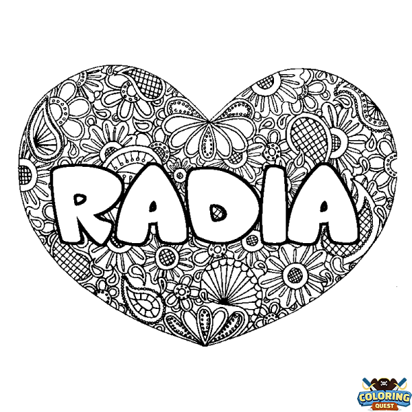 Coloring page first name RADIA - Heart mandala background