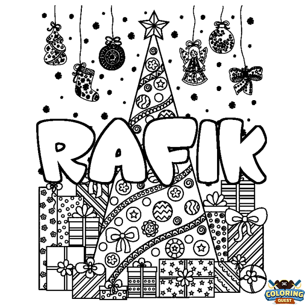 Coloring page first name RAFIK - Christmas tree and presents background