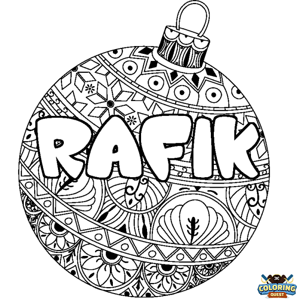 Coloring page first name RAFIK - Christmas tree bulb background