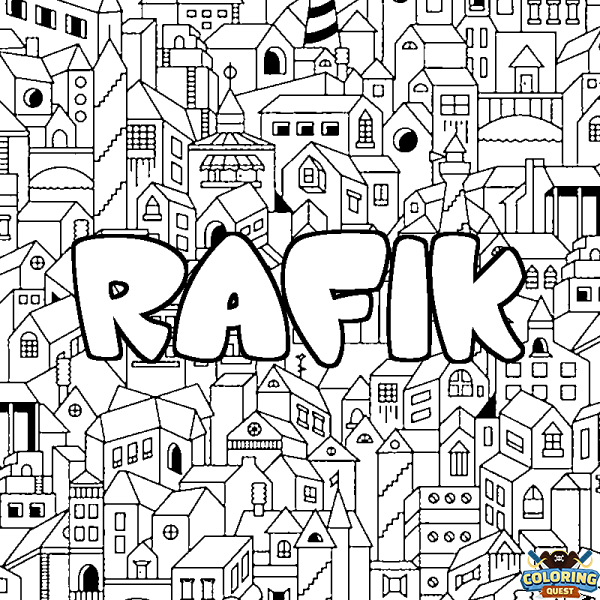 Coloring page first name RAFIK - City background