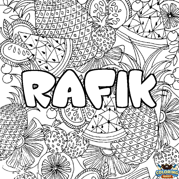 Coloring page first name RAFIK - Fruits mandala background