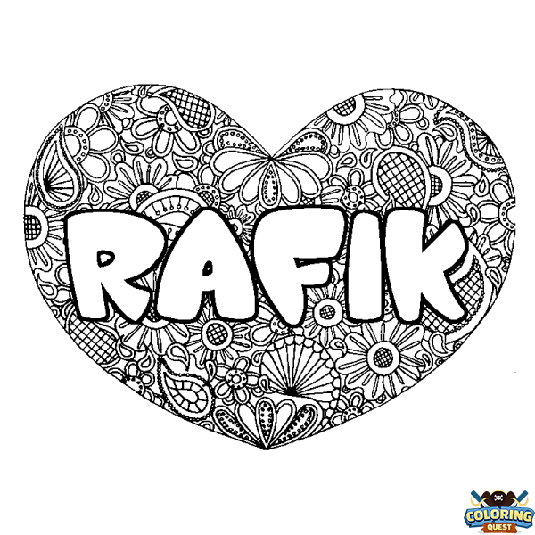 Coloring page first name RAFIK - Heart mandala background