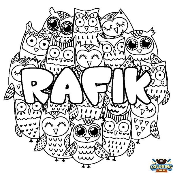 Coloring page first name RAFIK - Owls background