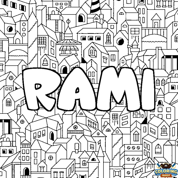 Coloring page first name RAMI - City background