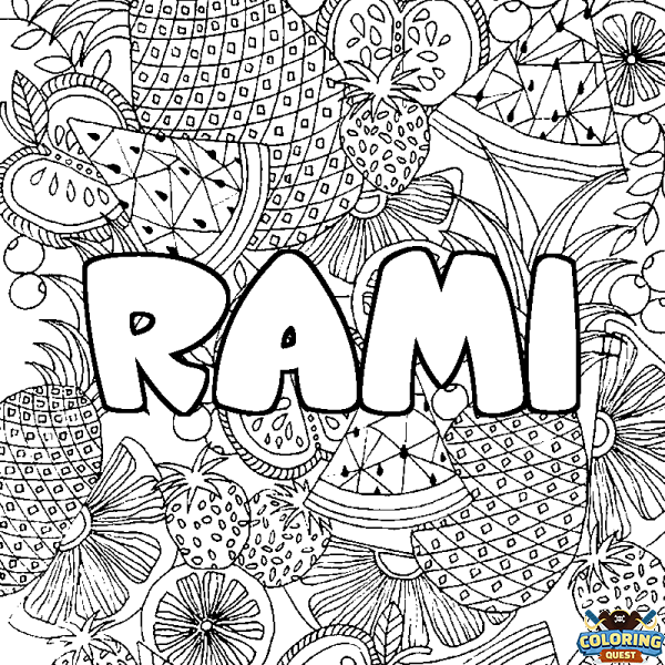 Coloring page first name RAMI - Fruits mandala background