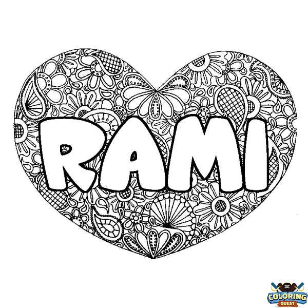 Coloring page first name RAMI - Heart mandala background