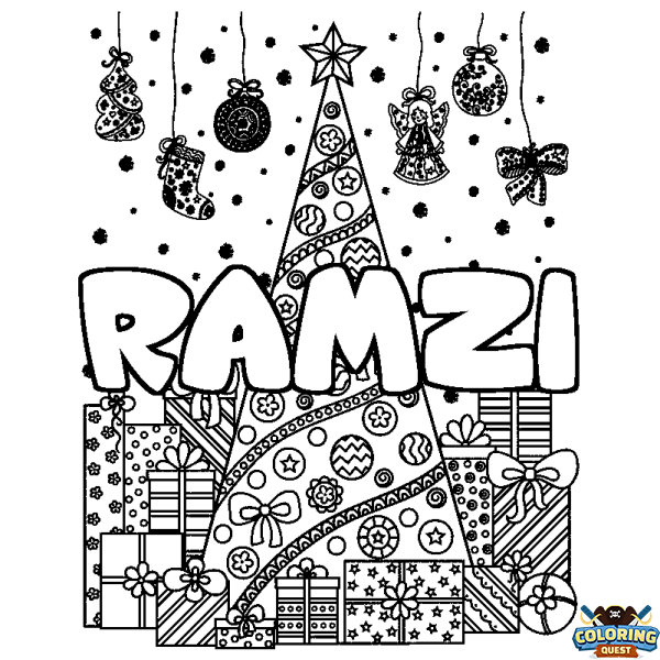 Coloring page first name RAMZI - Christmas tree and presents background