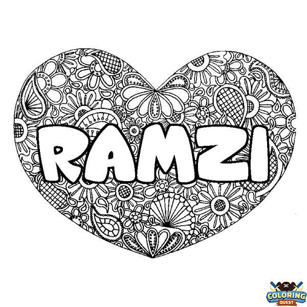 Coloring page first name RAMZI - Heart mandala background