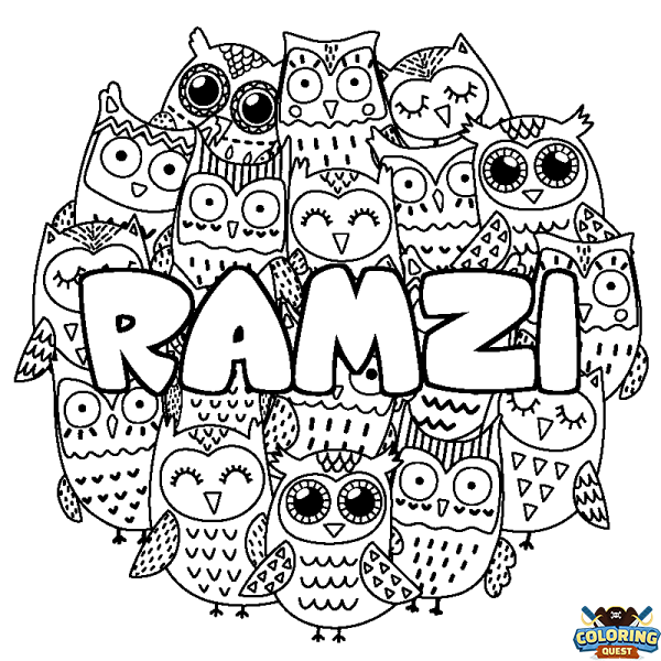 Coloring page first name RAMZI - Owls background