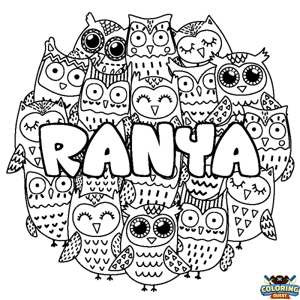 Coloring page first name RANYA - Owls background