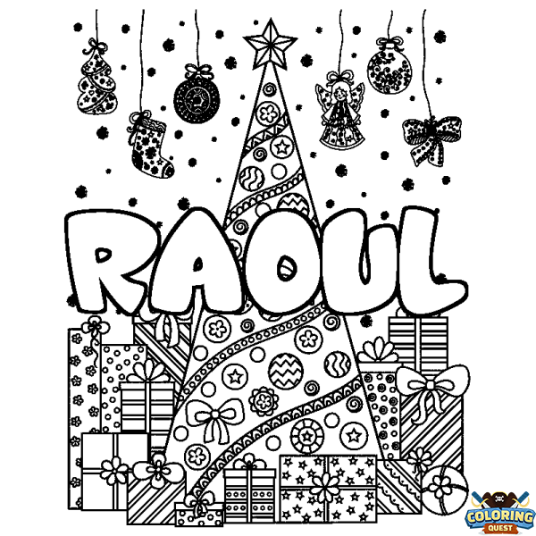 Coloring page first name RAOUL - Christmas tree and presents background