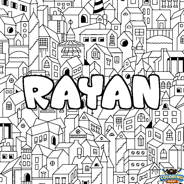 Coloring page first name RAYAN - City background