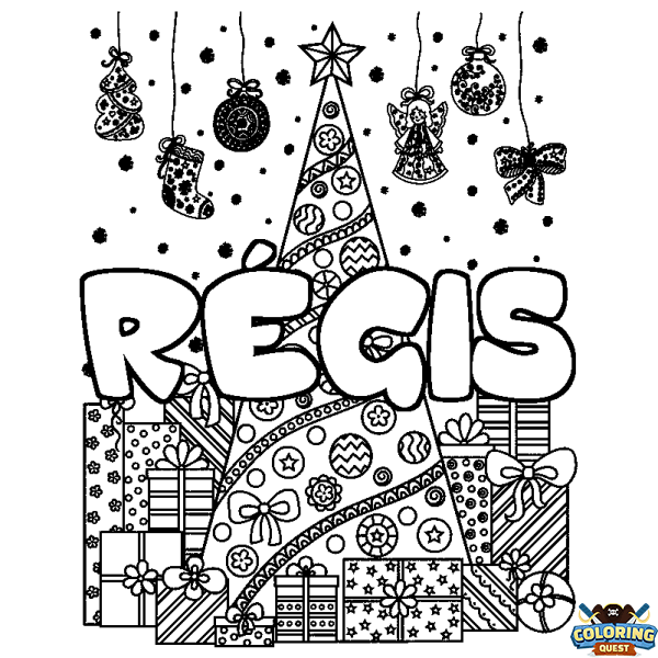 Coloring page first name R&Eacute;GIS - Christmas tree and presents background