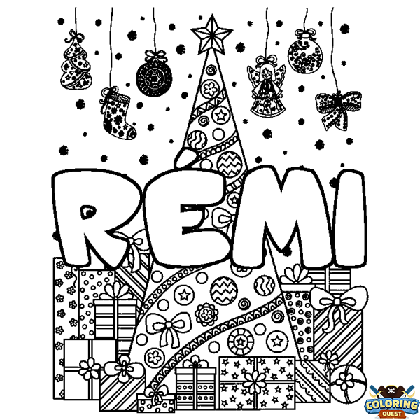 Coloring page first name R&Eacute;MI - Christmas tree and presents background