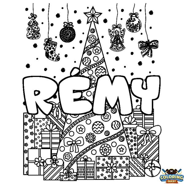 Coloring page first name R&Eacute;MY - Christmas tree and presents background