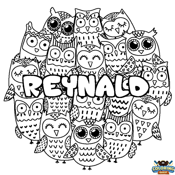 Coloring page first name REYNALD - Owls background