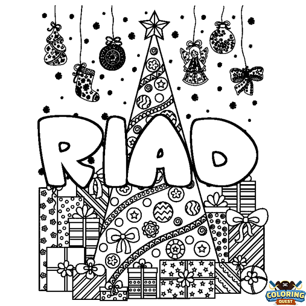 Coloring page first name RIAD - Christmas tree and presents background