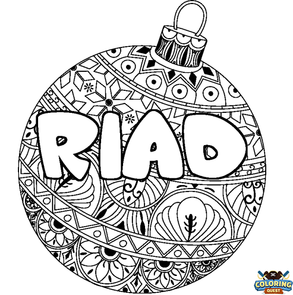 Coloring page first name RIAD - Christmas tree bulb background