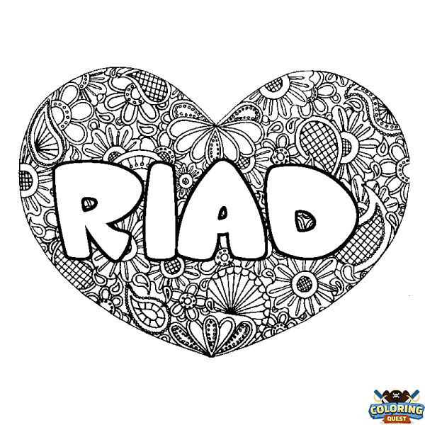 Coloring page first name RIAD - Heart mandala background