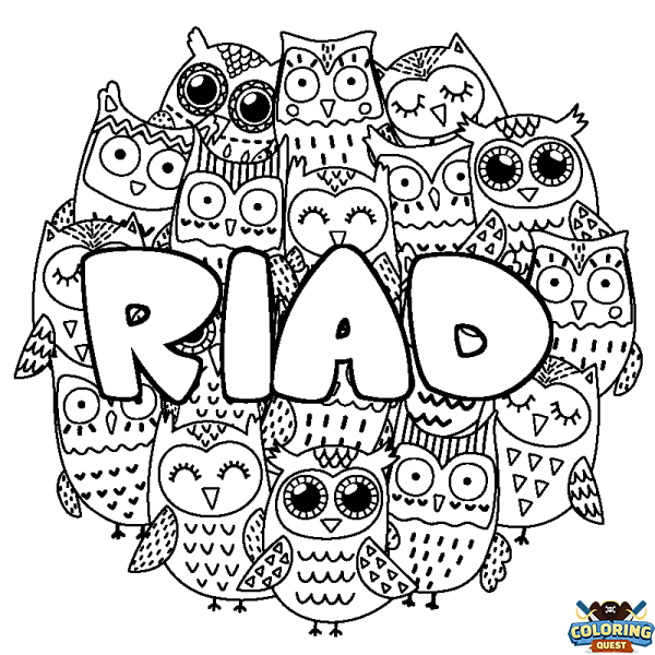 Coloring page first name RIAD - Owls background