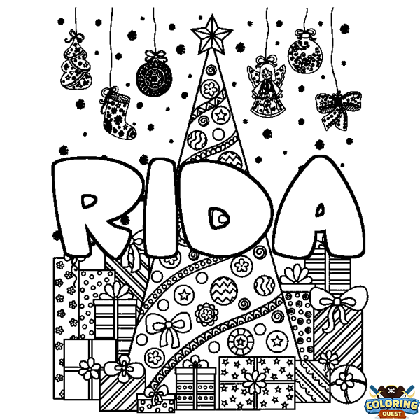 Coloring page first name RIDA - Christmas tree and presents background